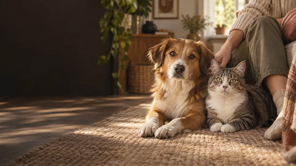 Perro y gato juntos en casa con su familia
